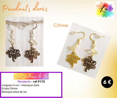 Boucles pendants dorés Citrine arbre de vie acier Les Couleurs de Lo