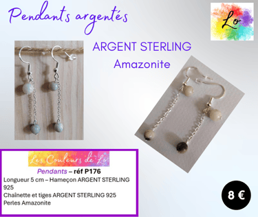 Boucles pendants Argent Sterling 925 chaînette Amazonite Les Couleurs de Lo