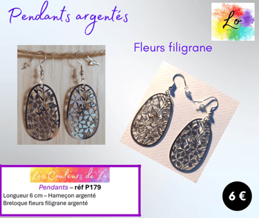 Boucles pendants argentés fleurs filigrane acier Les Couleurs de Lo