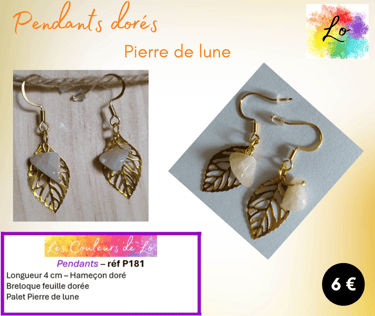 Boucles pendants dorés Pierre de lune feuille métal Les Couleurs de Lo