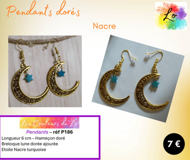 Boucles pendants dorés Nacre turquoise lune métal Les Couleurs de Lo