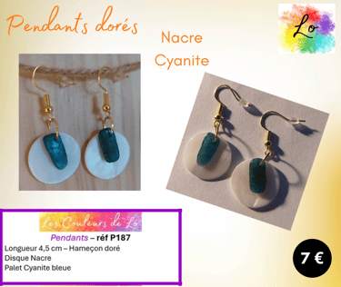 Boucles pendants dorés disque Nacre Cyanite Les Couleurs de Lo