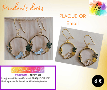 oucles pendants Plaqué or décor chat et fleurs émail Les Couleurs de Lo