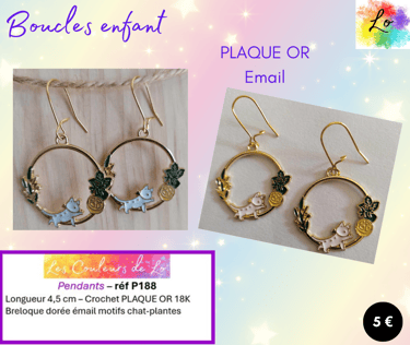 Boucles pendants Plaqué or décor chat et fleurs émail Les Couleurs de Lo