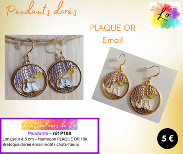 Boucles pendants Plaqué or décor émail chats Les Couleurs de Lo