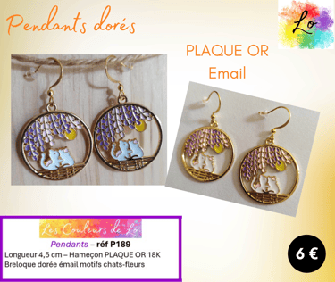 Boucles pendants Plaqué or décor émail chats Les Couleurs de Lo