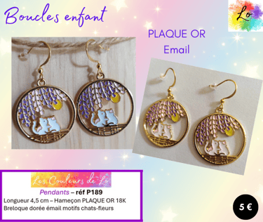 Boucles pendants Plaqué or décor chat et fleurs émail Les Couleurs de Lo