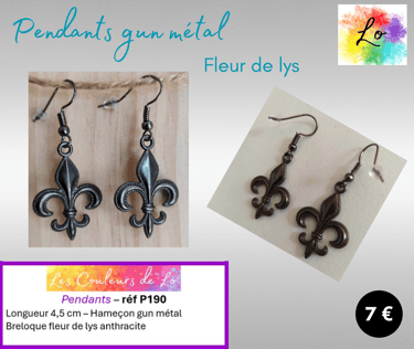 Boucles pendants gun métal fleur de lys métal Les Couleur de Lo