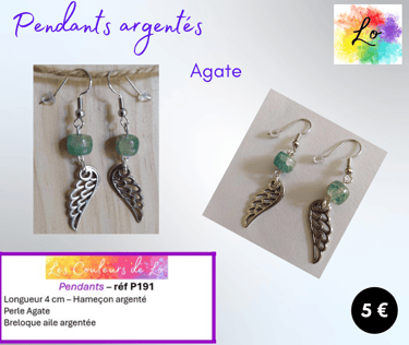 Boucles pendants argentés Agate aile métal Les Couleurs de Lo