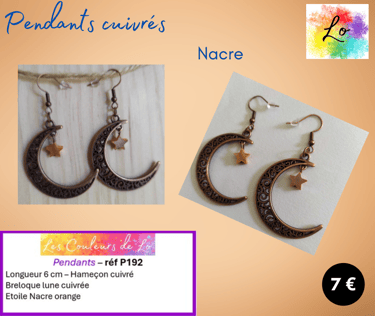 Boucles pendants cuivrés étoile Nacre orange lune métal Les Couleurs de Lo