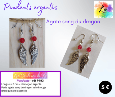Boucles pendants argentés Agate sang du dragon aile métal Les Couleurs de Lo