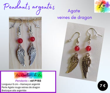 Boucles pendants argentés Agate rouge veines du dragon aile métal Les Couleurs de Lo