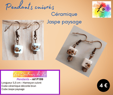 Boucles pendants cuivrés céramique décorée Jaspe paysage Les Couleurs de Lo