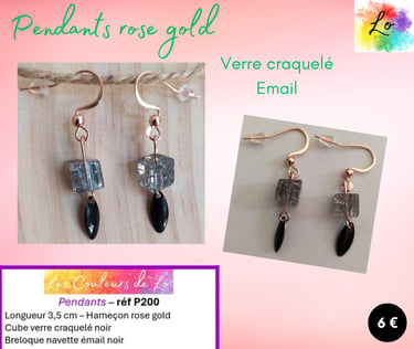 Boucles pendants rose gold verre craquelé noir émail noir Les Couleurs de Lo