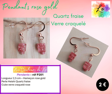 Boucles pendants rose gold Quartz fraise verre craquelé rose Les Couleurs de Lo