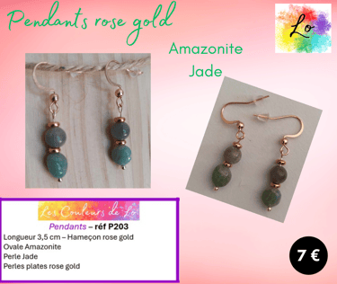 Boucles pendants rose gold Amazonite Jade vert perle métal Les Couleurs de Lo