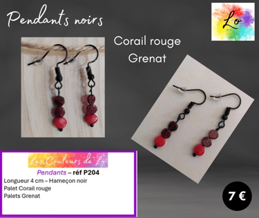 Boucles pendants noirs Corail rouge Grenat Les Couleurs de Lo