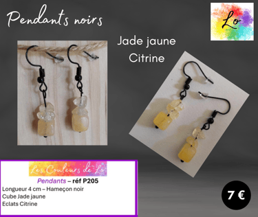 Boucles pendants noirs Jade jaune Citrine Les Couleurs de Lo