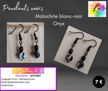 Boucles pendants noirs Malachite blanc-noir Onyx Les Couleurs de Lo