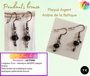 Boucles pendants Plaqué argent laiton Ambre de la Baltique cerise Les Couleurs de Lo