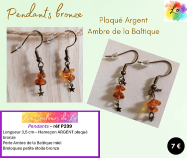 Boucles pendants bronze Plaqué argent Ambre del a Baltique miel étoile métal Les Couleurs de Lo