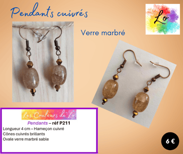 Boucles pendants cuivrés verre marbré sable perles métal à facettes Les Couleurs de Lo