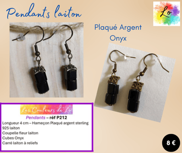 Boucles pendants laiton Plaqué argent Onyx Les Couleurs de Lo