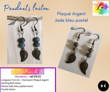 Boucles pendants laiton Plaqué argent Jade bleu pastel feuille métal Les Couleurs de Lo
