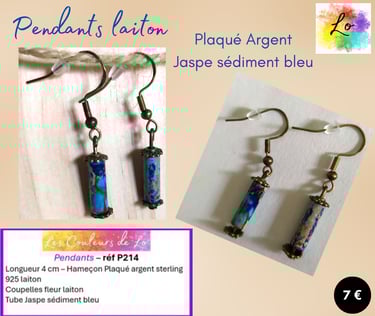 Boucles pendants laiton Plaqué argent Jaspe sédiment bleu Les couleurs de Lo