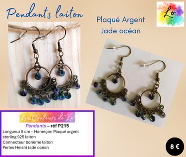 Boucles pendants laiton Plaqué argent bohème Jade océan Les Couleurs de Lo