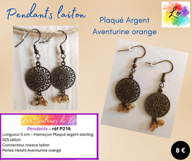 Boucles pendants laiton Plaqué argent rosace métal Aventurine orange Les Couleurs de Lo