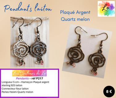 Boucles pendants laiton Plaqué argent fleur métal Quartz melon Les Couleurs de Lo