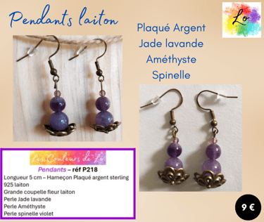Boucles pendants laiton Plaqué argent Jade lavande Améthyste Spinelle Les Couleurs de Lo