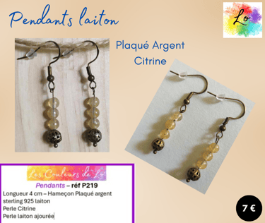 Boucles pendants laiton Plaqué argent Citrine perle ajourée laiton Les Couleurs de Lo