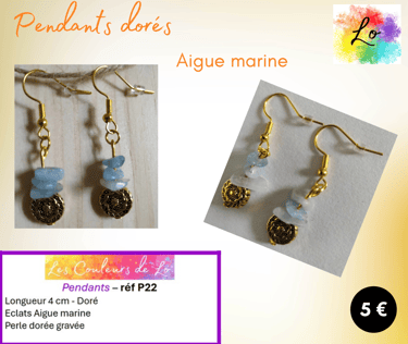 Boucles pendants dorés Aigue marine perle métal à reliefs Les Couleurs de Lo