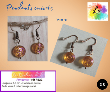 Boucles pendants cuivrés verre à reliefs orange nacré Les Couleurs de Lo