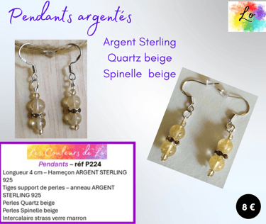 Boucles pendants Argent Sterling Quartz beige Spinelle strass verre Les Couleurs de Lo