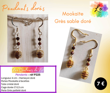 Boucles pendants dorés Grès pailleté Mookaïte à facettes Les Couleurs de Lo