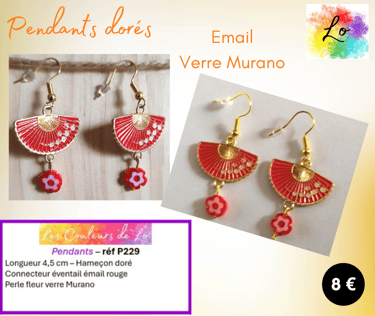 Pendants dorés éventail émail rouge verre Murano Millefiori Les Couleurs de Lo