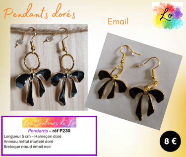 Boucles pendants dorés anneau doré martelé nœud émail noir Les Couleurs de Lo