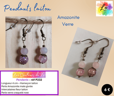 Boucles pendants laiton Amazonite coupelles fleur laiton verre craquelé rose Les Couleurs de Lo