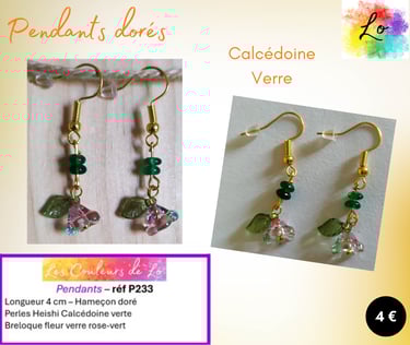Boucles pendants dorés Calcédoine verte fleur verre  Les Couleurs de Lo