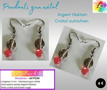 Boucles pendants gun métal perle à spirale cristal autrichien rouge Les Couleurs de Lo