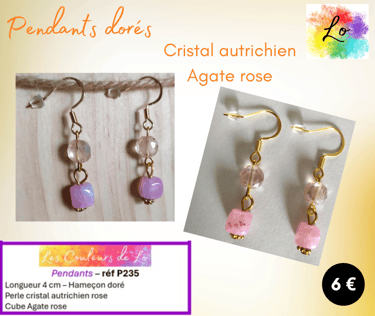 Boucles pendants dorés cristal autrichien rose Agate rose Les Couleurs de Lo