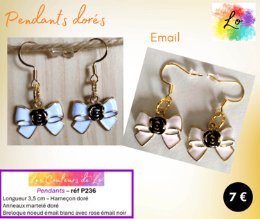 Boucles pendants dorés anneau martelé nœud émail blanc avec rose émail noir Les Couleurs de Lo
