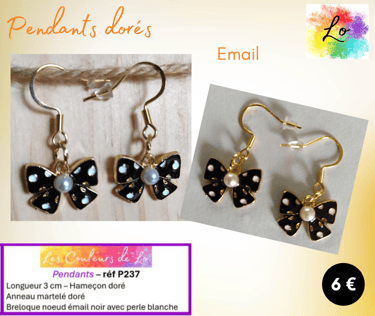 Boucles pendants dorés anneau martelé nœud émail noir avec perle blanche Les Couleurs de Lo