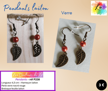 Boucles pendants laiton verre nacré rouge feuille laiton Les Couleurs de Lo
