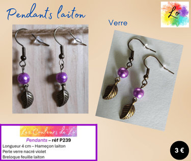 Boucles pendants laiton verre nacré violet feuille laiton Les Couleurs de Lo