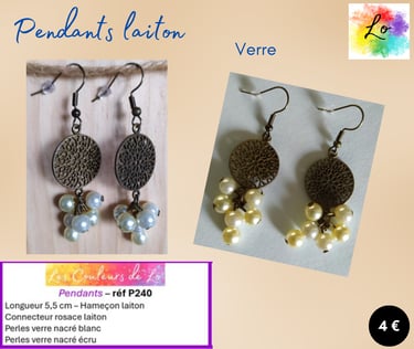 Boucles pendants laiton rosace laiton verre nacré blanc et écru Les Couleurs de Lo