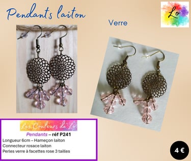 Boucles pendants laiton rosace laiton verre rose à facettes Les Couleurs de Lo